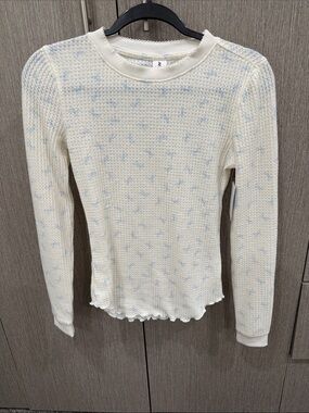 Abound Waffle Knit Long-Sleeve Crewneck Top in Cream with Blue Flecks